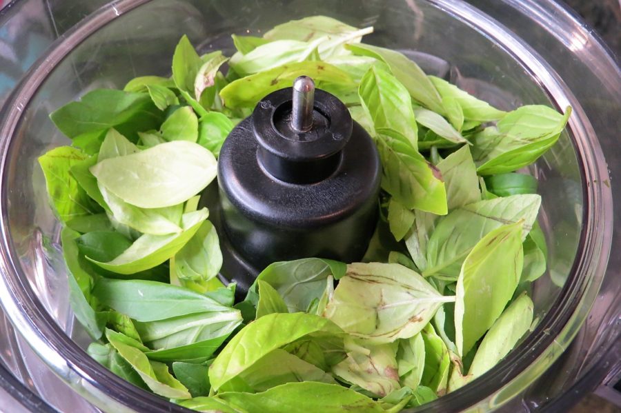 Basil leaves in processor Walnut Pesto Basil leaves in processor Walnut Pesto